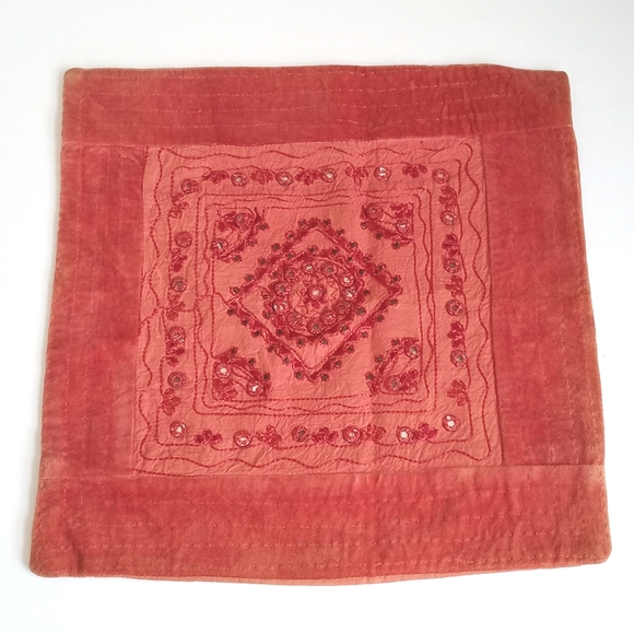 Vintage Antique Muted Orange Velvet and Cotton Patchwork Pillow Sham from India - Picture 8 of 9